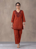 Women's Rust Embroidered Co-Ord Set | Premium Cotton Flex Kurta & Pants Ethnic Wear