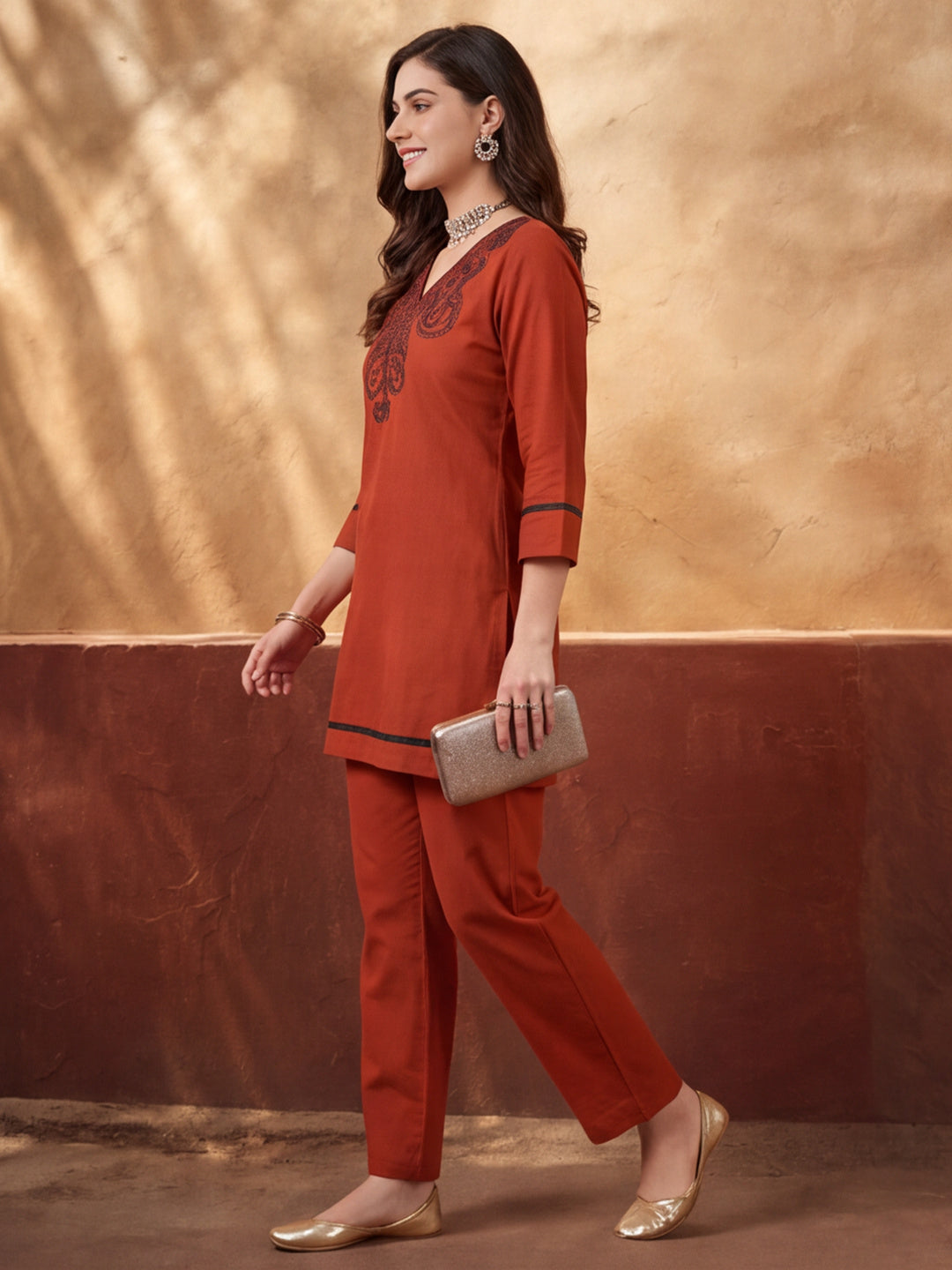 Women's Rust Embroidered Co-Ord Set | Premium Cotton Flex Kurta & Pants Ethnic Wear