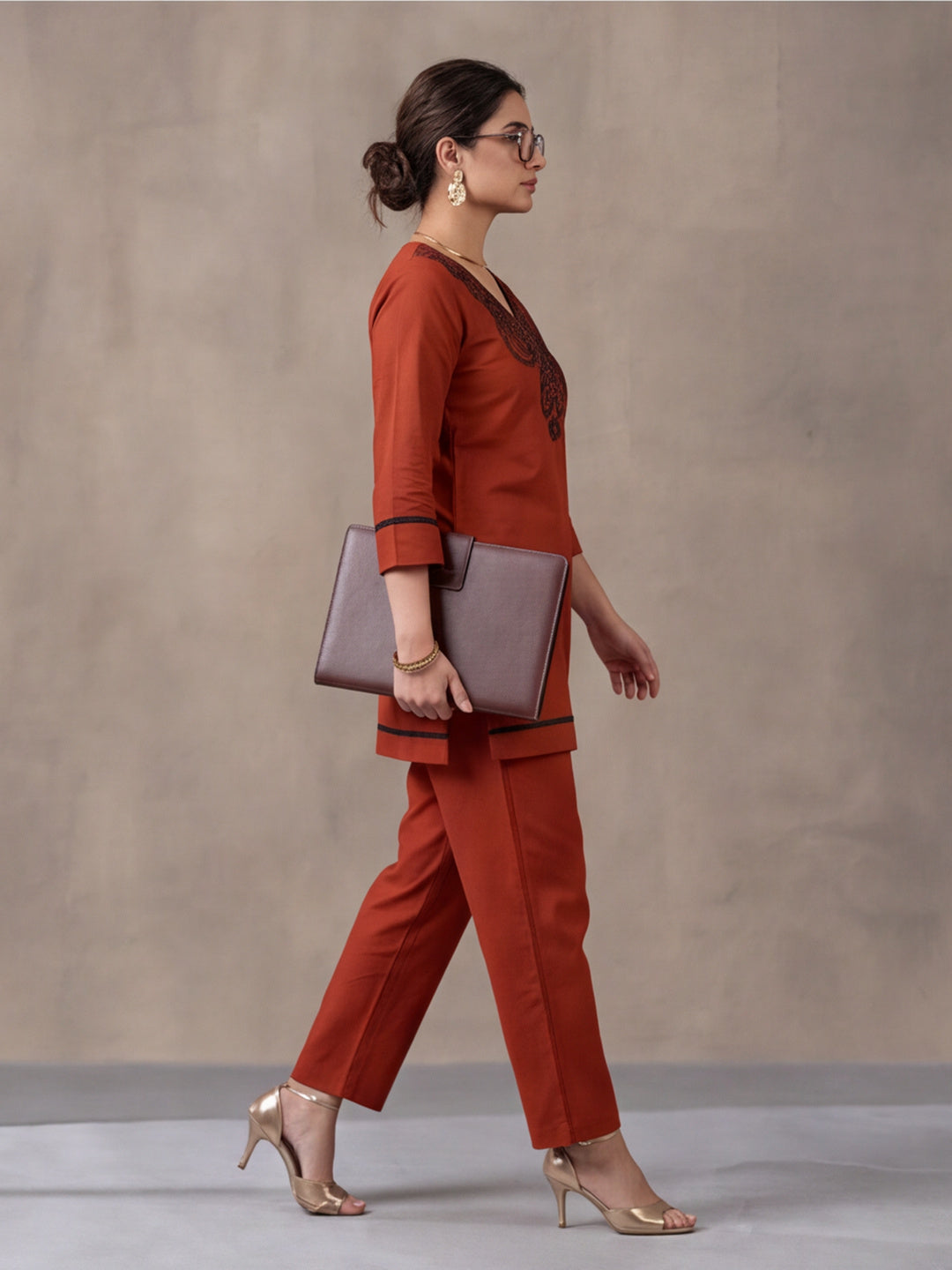Women's Rust Embroidered Co-Ord Set | Premium Cotton Flex Kurta & Pants Ethnic Wear