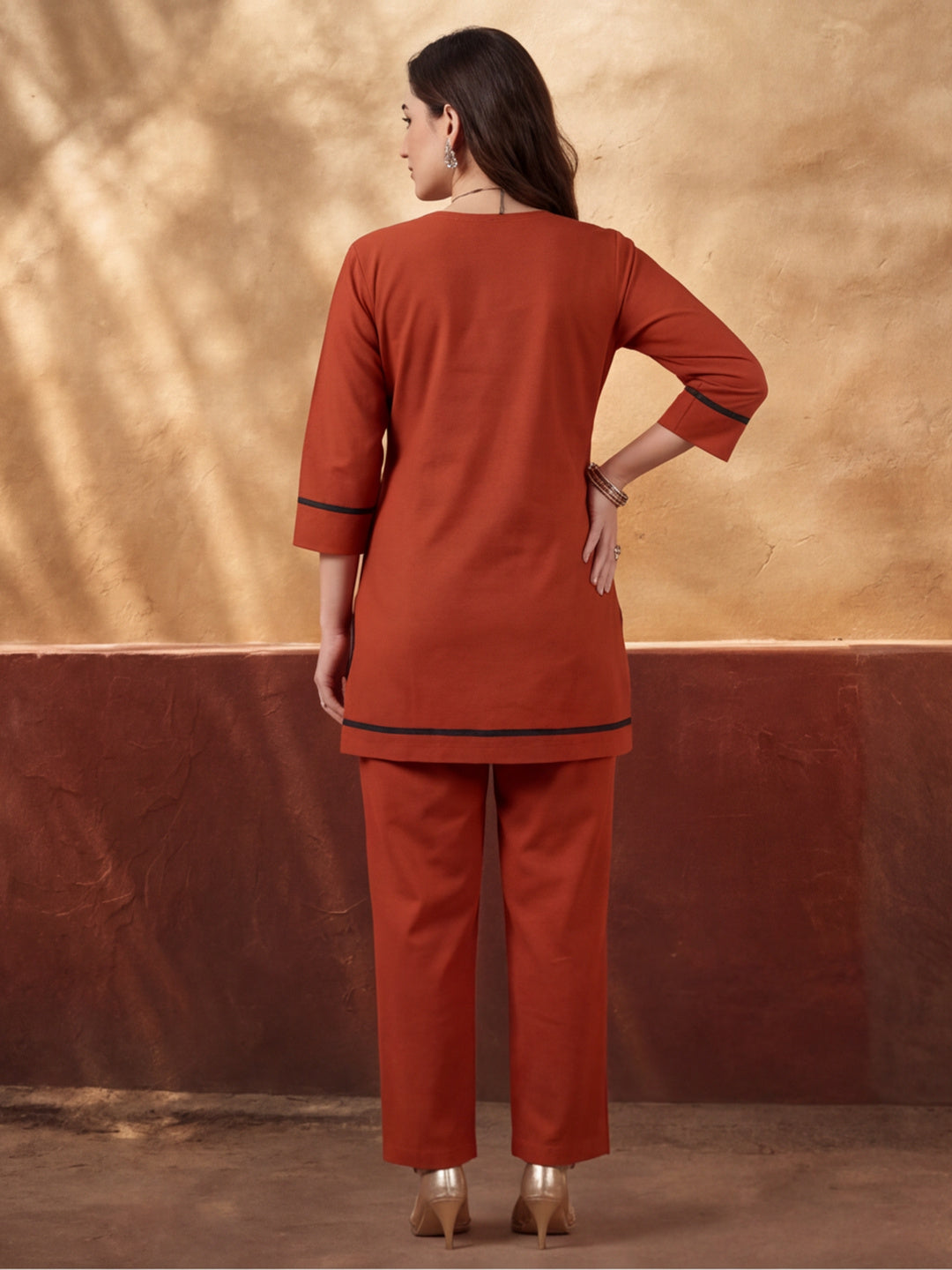 Women's Rust Embroidered Co-Ord Set | Premium Cotton Flex Kurta & Pants Ethnic Wear