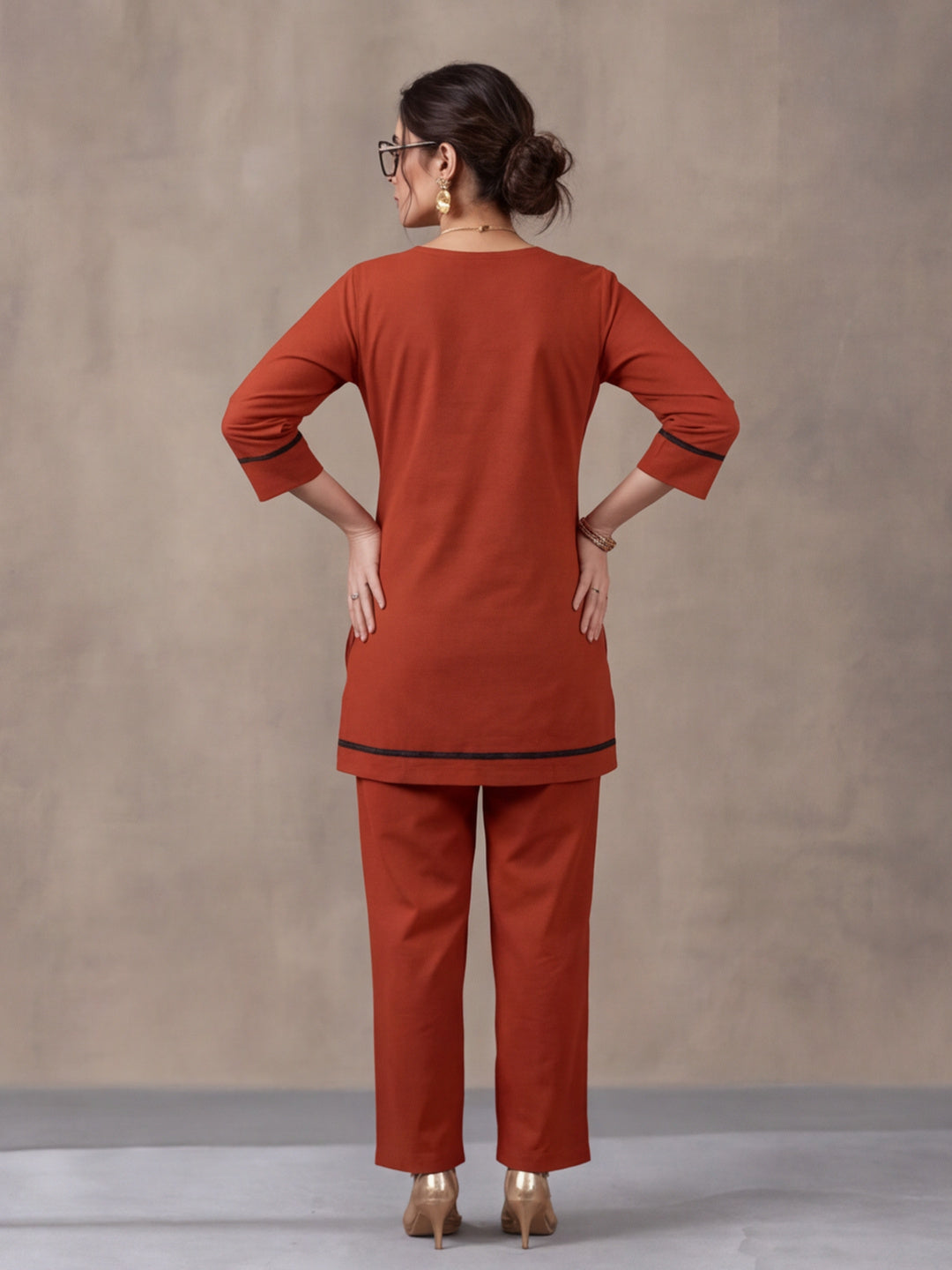 Women's Rust Embroidered Co-Ord Set | Premium Cotton Flex Kurta & Pants Ethnic Wear