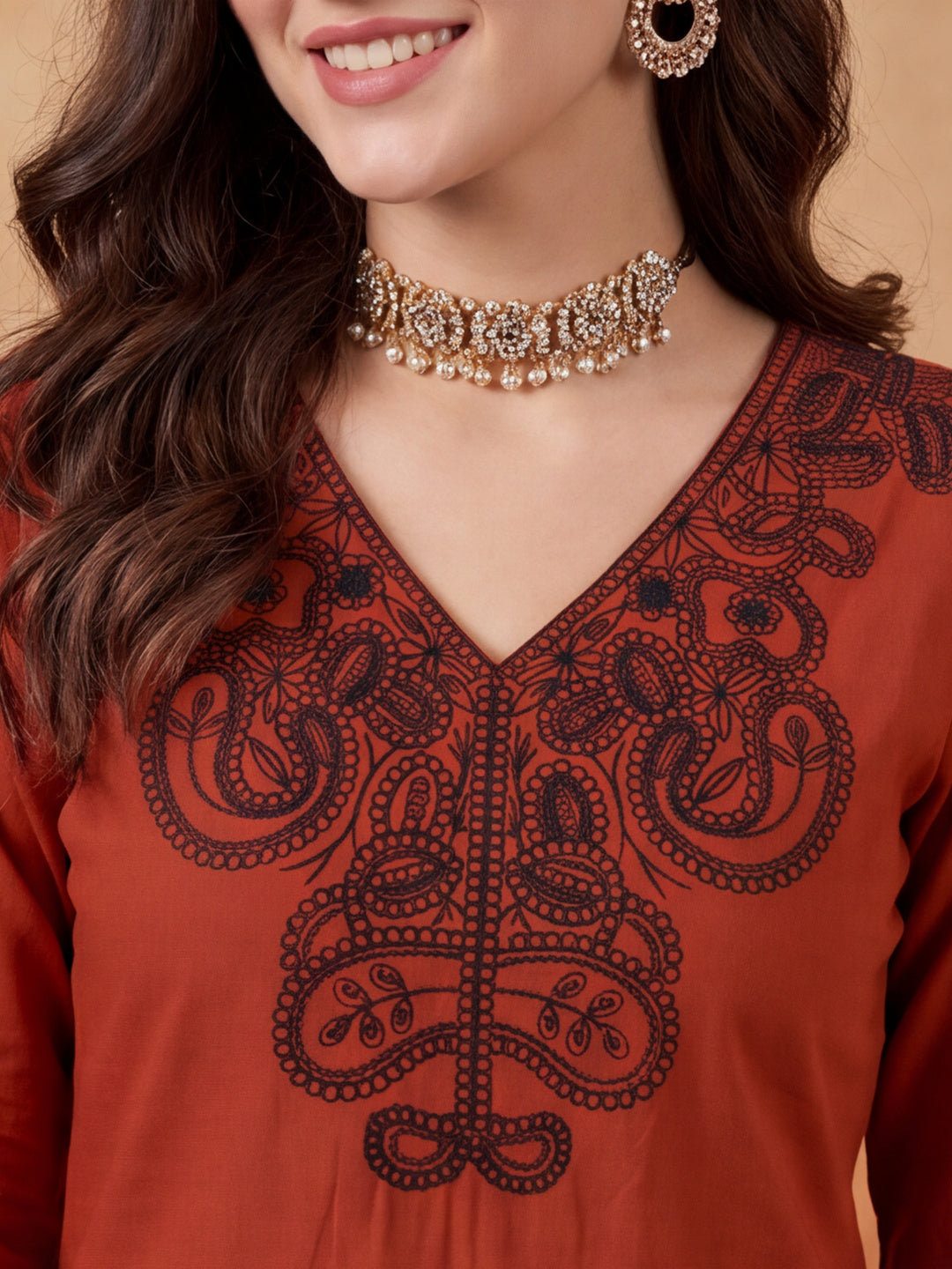 Women's Rust Embroidered Co-Ord Set | Premium Cotton Flex Kurta & Pants Ethnic Wear