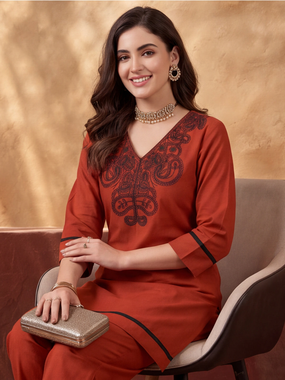 Women's Rust Embroidered Co-Ord Set | Premium Cotton Flex Kurta & Pants Ethnic Wear
