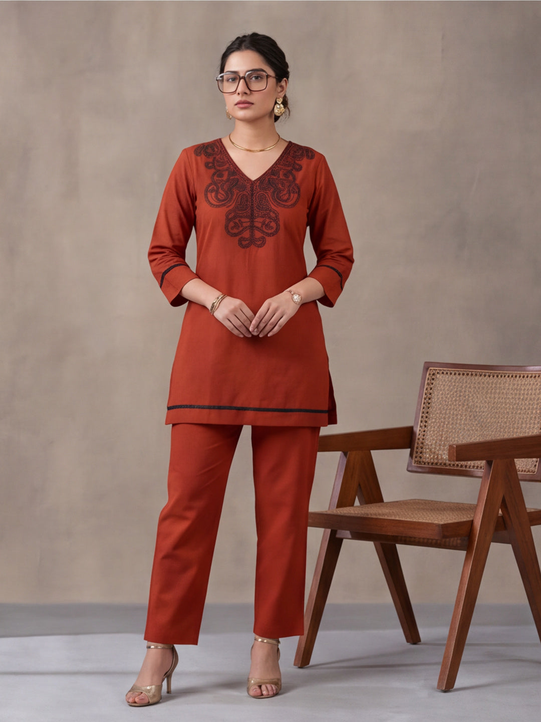 Women's Rust Embroidered Co-Ord Set | Premium Cotton Flex Kurta & Pants Ethnic Wear