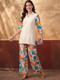 Women's White Tropical Digital Printed Co-Ord Set | Soft Cotton Shirt & Wide Leg Pants