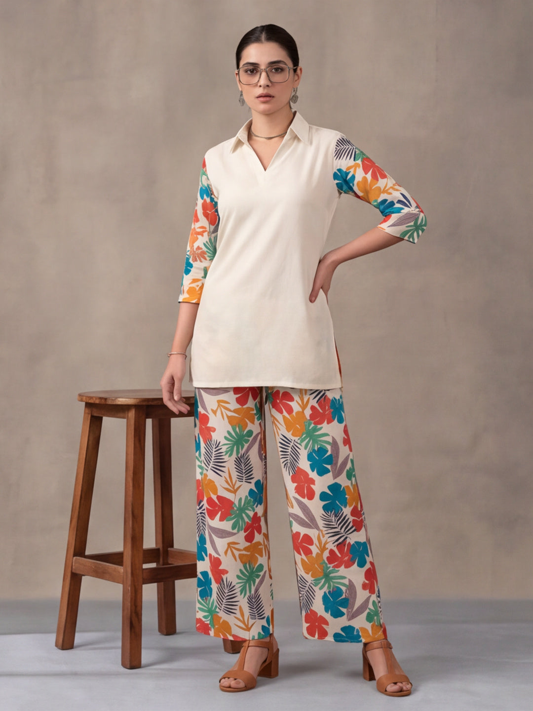 Women's White Tropical Digital Printed Co-Ord Set | Soft Cotton Shirt & Wide Leg Pants