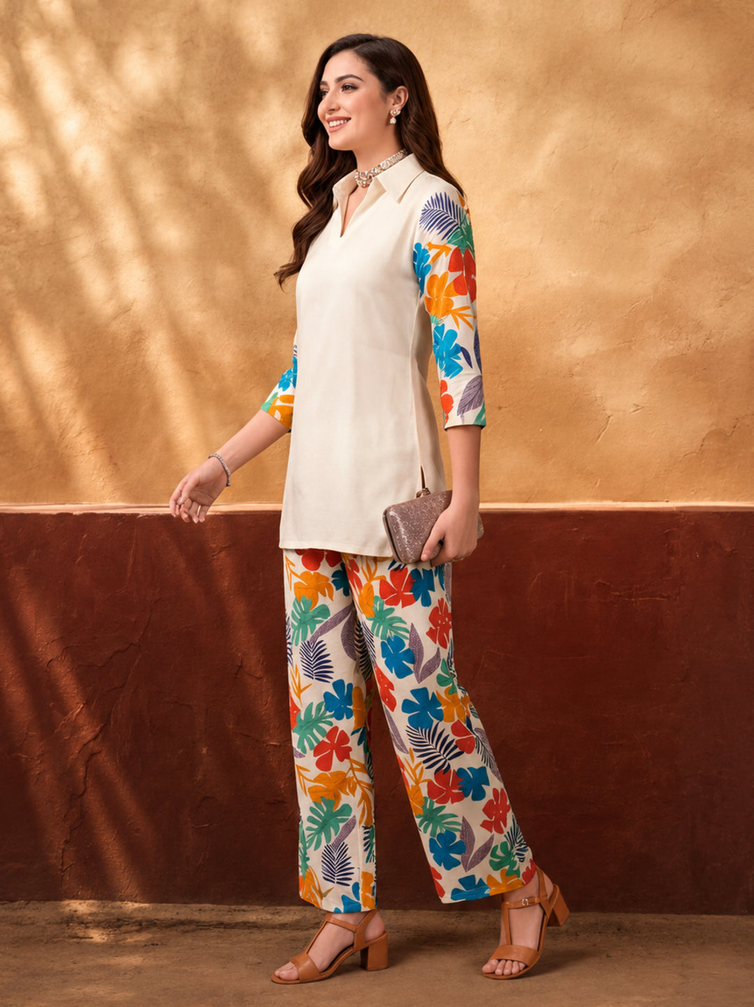 Women's White Tropical Digital Printed Co-Ord Set | Soft Cotton Shirt & Wide Leg Pants