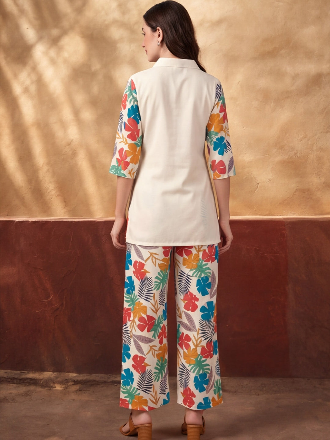 Women's White Tropical Digital Printed Co-Ord Set | Soft Cotton Shirt & Wide Leg Pants