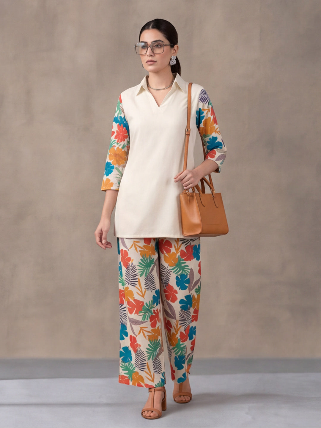 Women's White Tropical Digital Printed Co-Ord Set | Soft Cotton Shirt & Wide Leg Pants