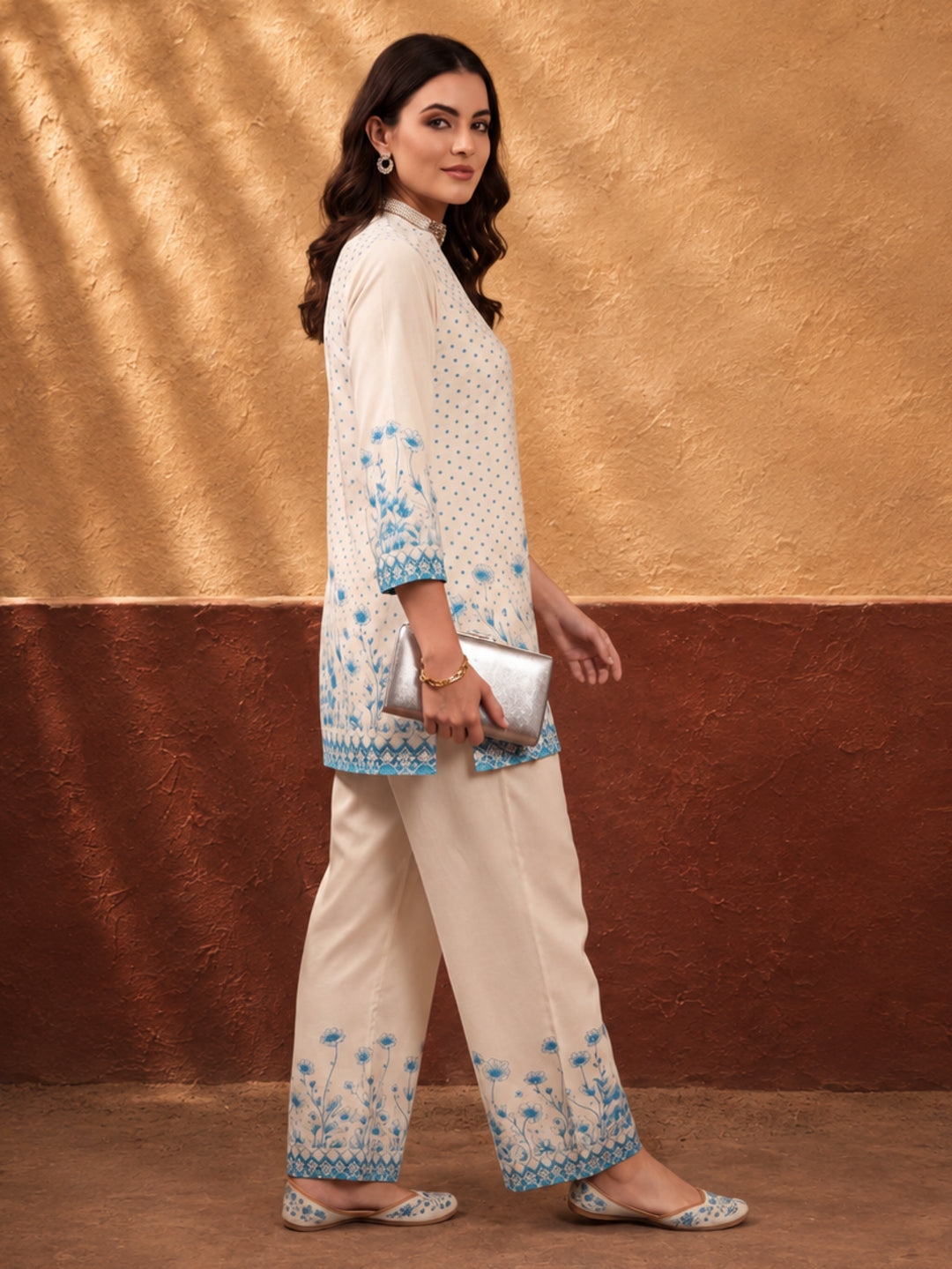 Women's Off White & Blue Floral Digital Printed Co-Ord Set | Soft Cotton Kurta & Palazzo