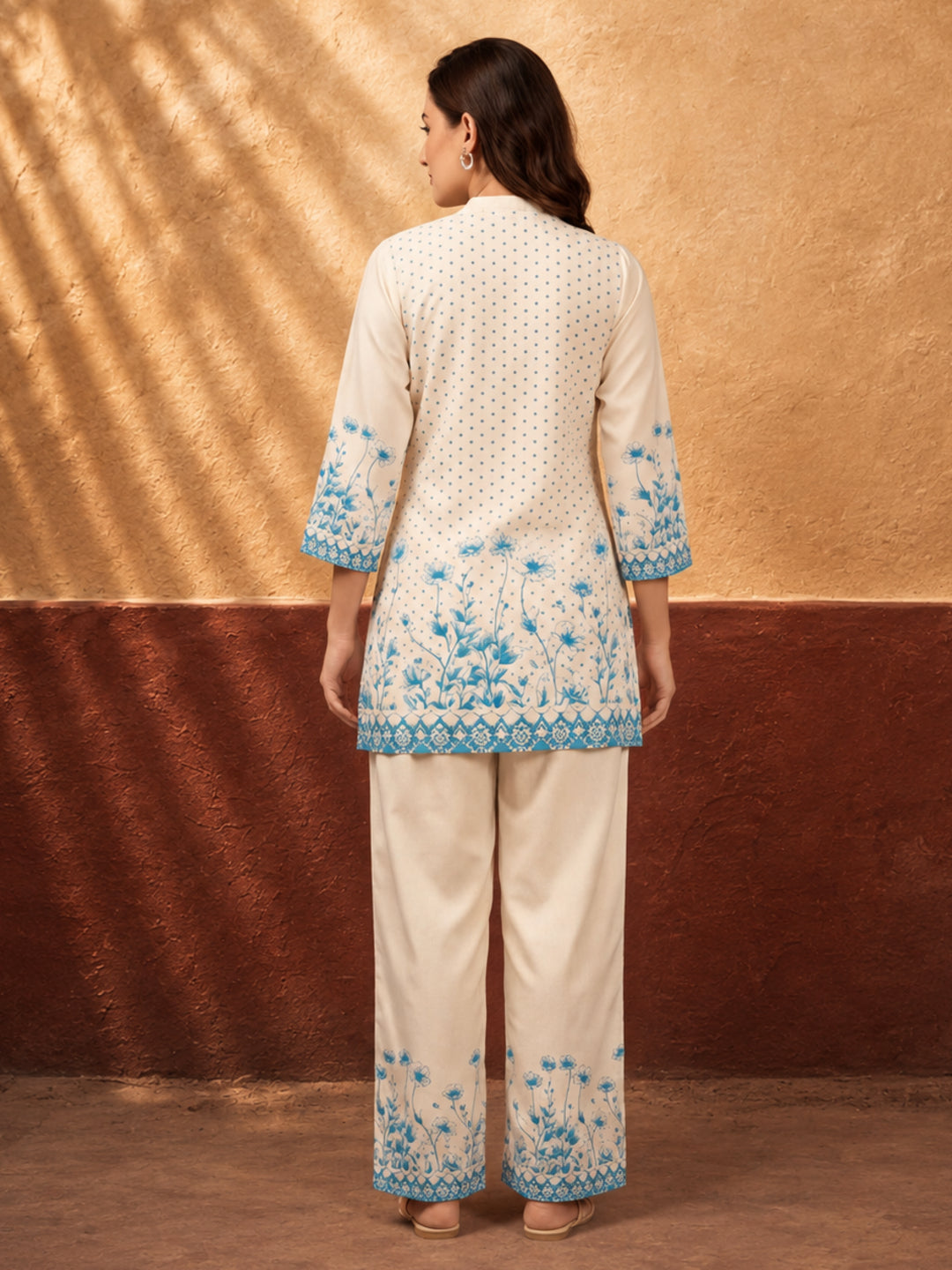 Women's Off White & Blue Floral Digital Printed Co-Ord Set | Soft Cotton Kurta & Palazzo
