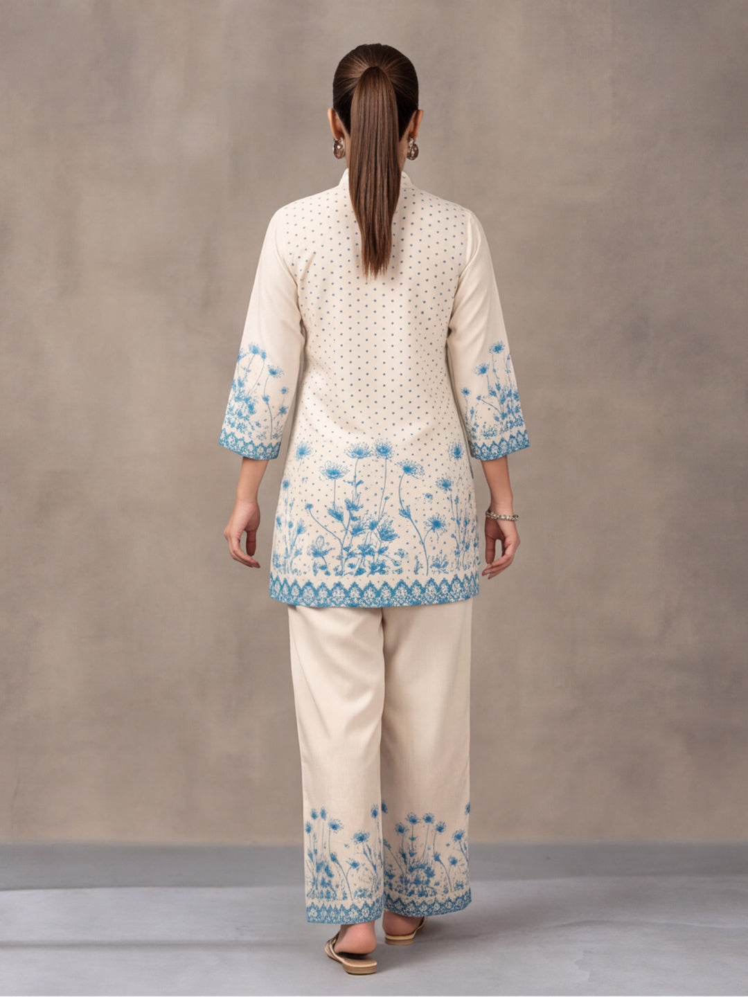 Women's Off White & Blue Floral Digital Printed Co-Ord Set | Soft Cotton Kurta & Palazzo
