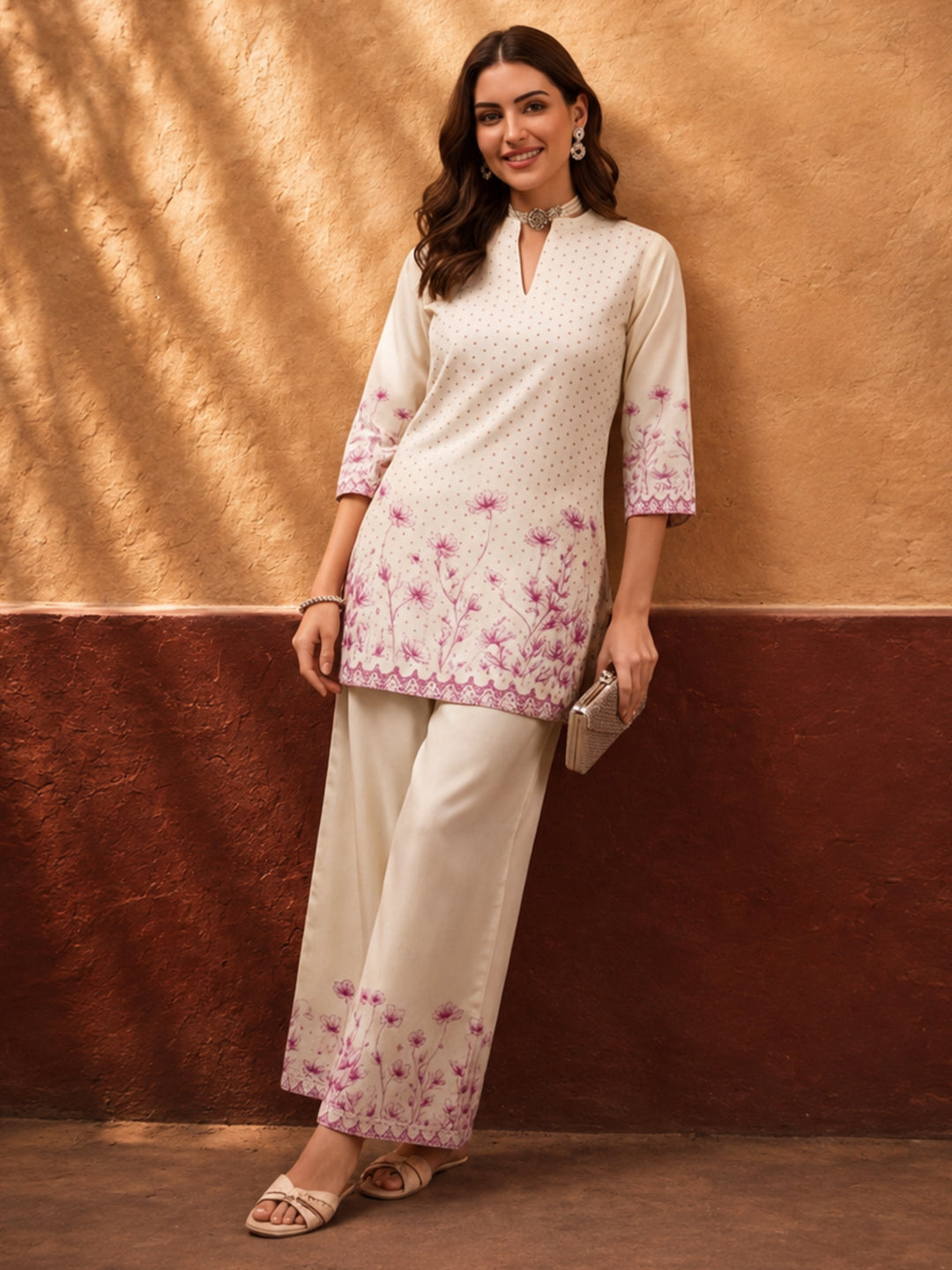 Women's Off White & Pink Floral Digital Printed Co-Ord Set | Soft Cotton Kurta & Palazzo