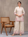 Women's Off White & Pink Floral Digital Printed Co-Ord Set | Soft Cotton Kurta & Palazzo