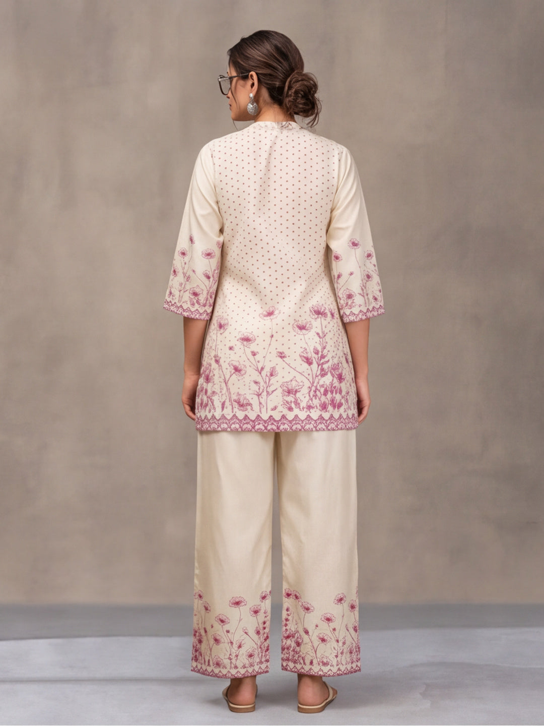 Women's Off White & Pink Floral Digital Printed Co-Ord Set | Soft Cotton Kurta & Palazzo