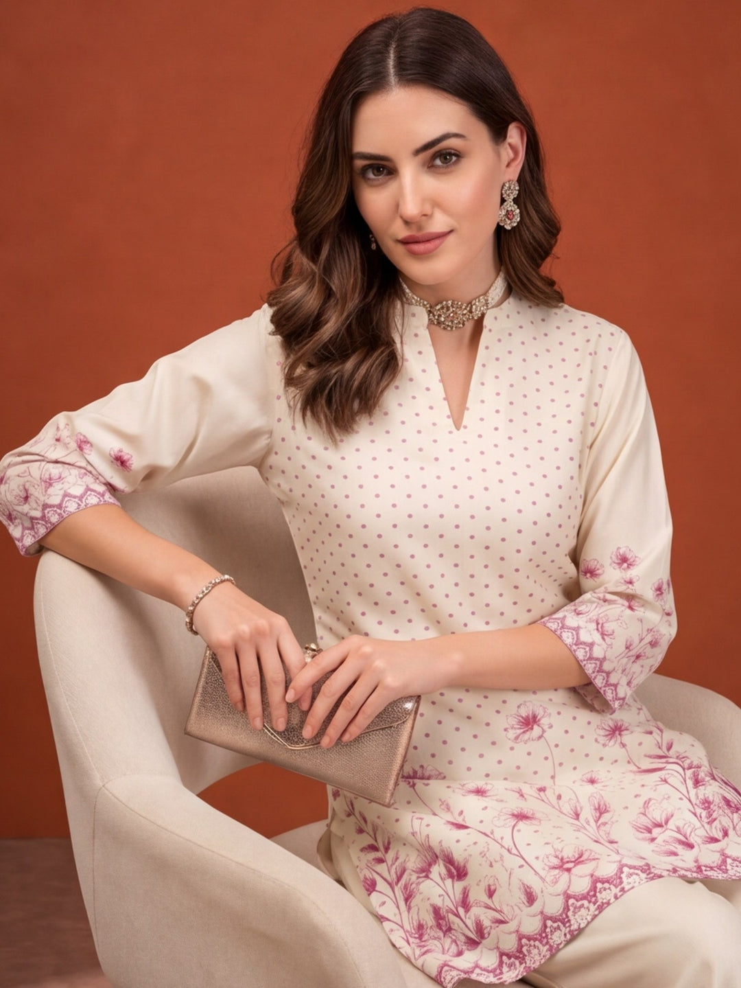 Women's Off White & Pink Floral Digital Printed Co-Ord Set | Soft Cotton Kurta & Palazzo