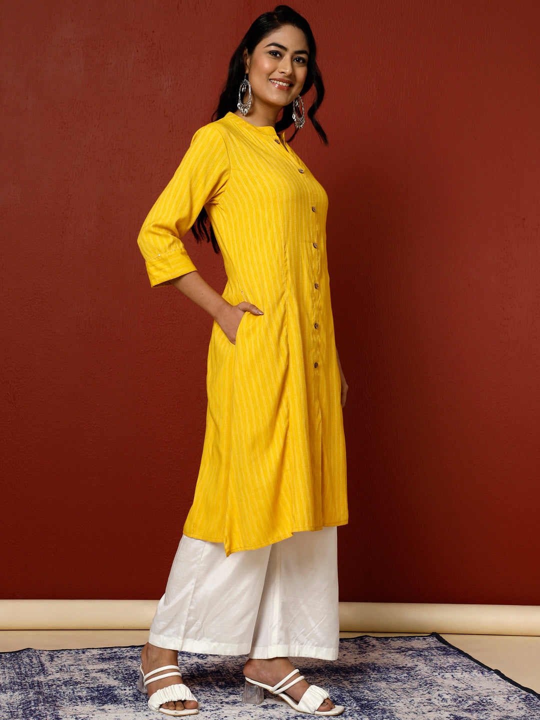 Yellow Self Design A-line Kurta