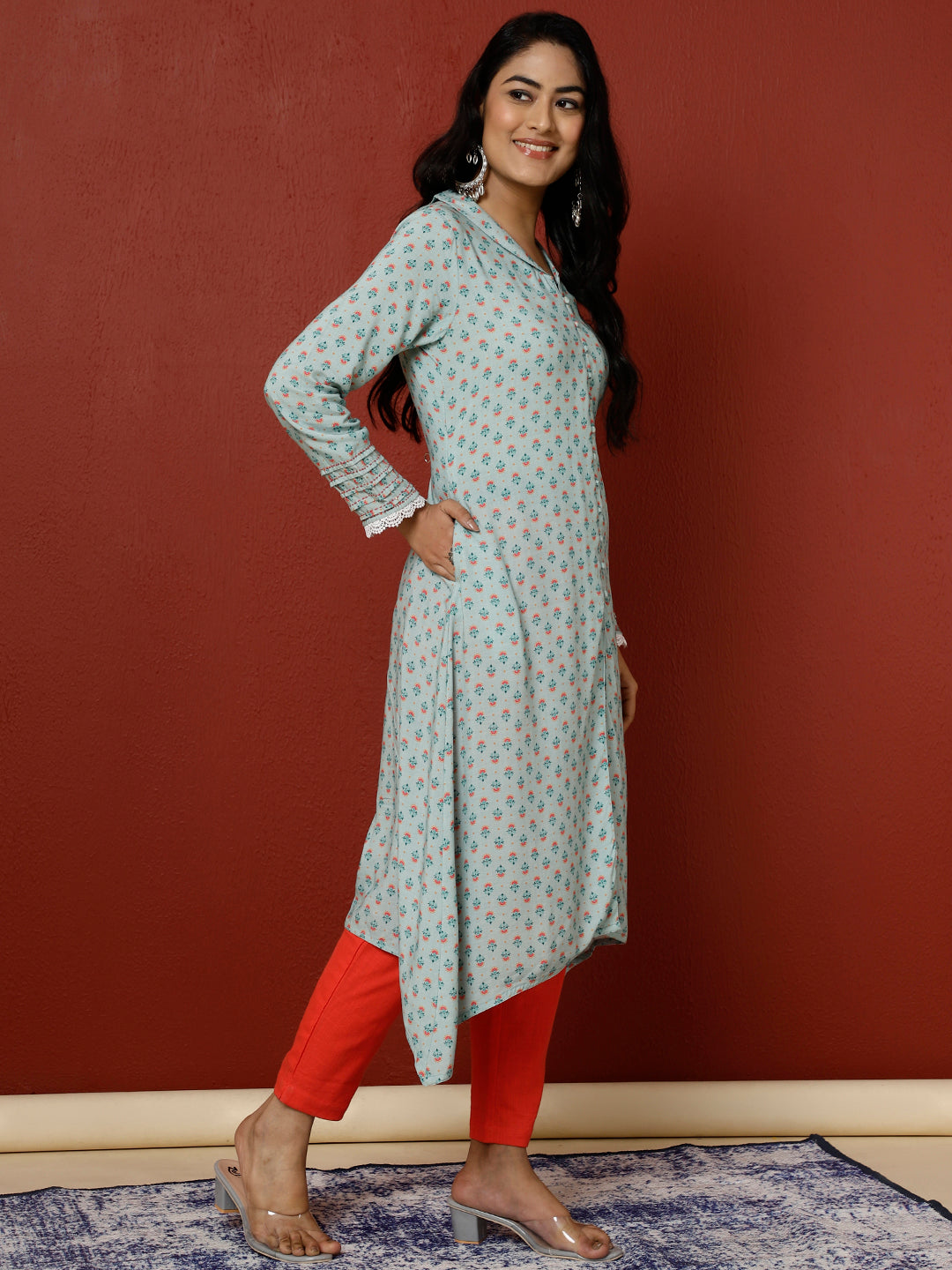 Blue Ethnic Motif Printed A-line Kurta