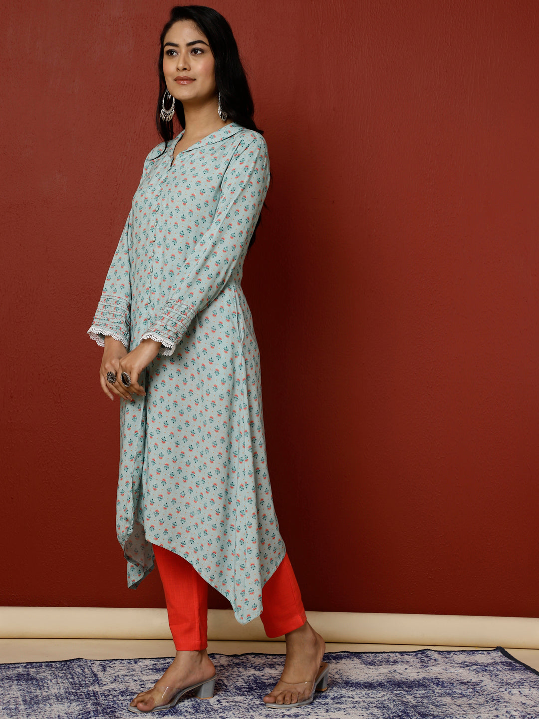 Blue Ethnic Motif Printed A-line Kurta