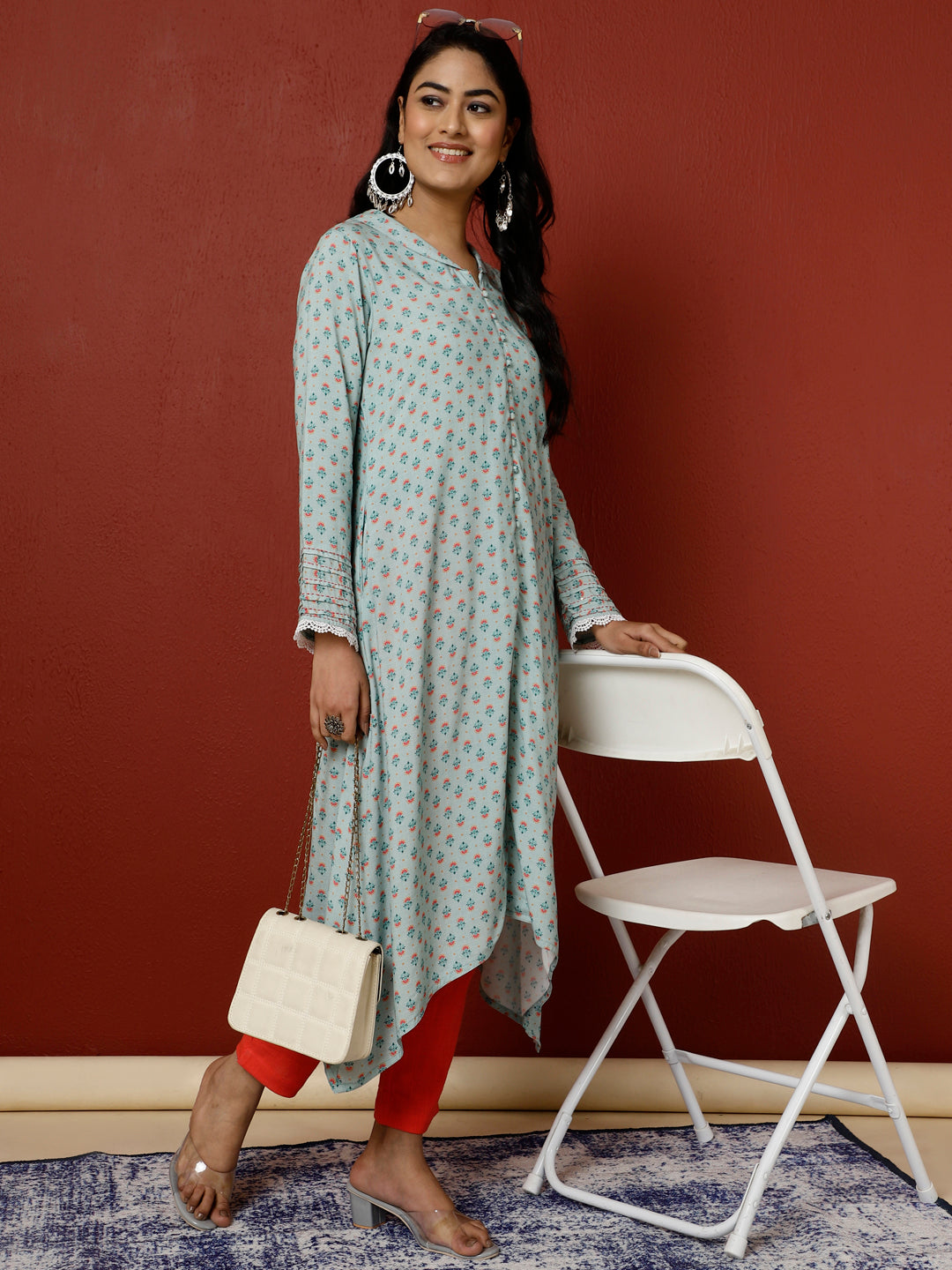 Blue Ethnic Motif Printed A-line Kurta