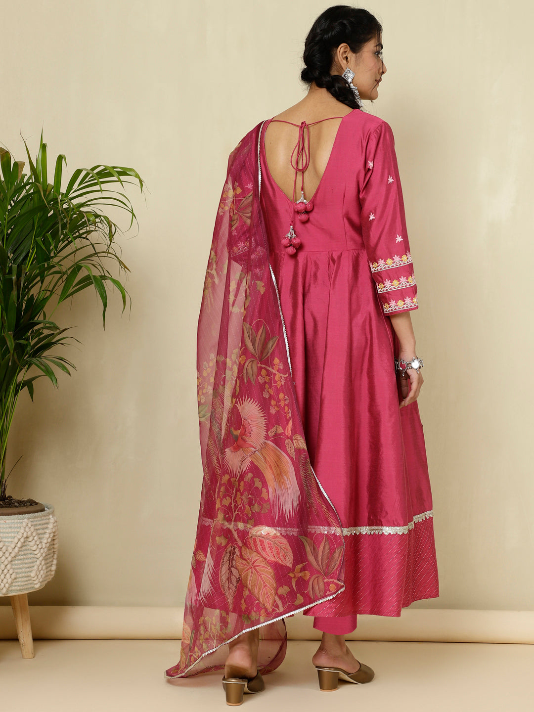 Magenta Zari Work Anarkali Kurta With Printed Dupatta