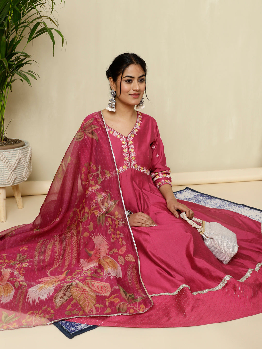 Magenta Zari Work Anarkali Kurta With Printed Dupatta