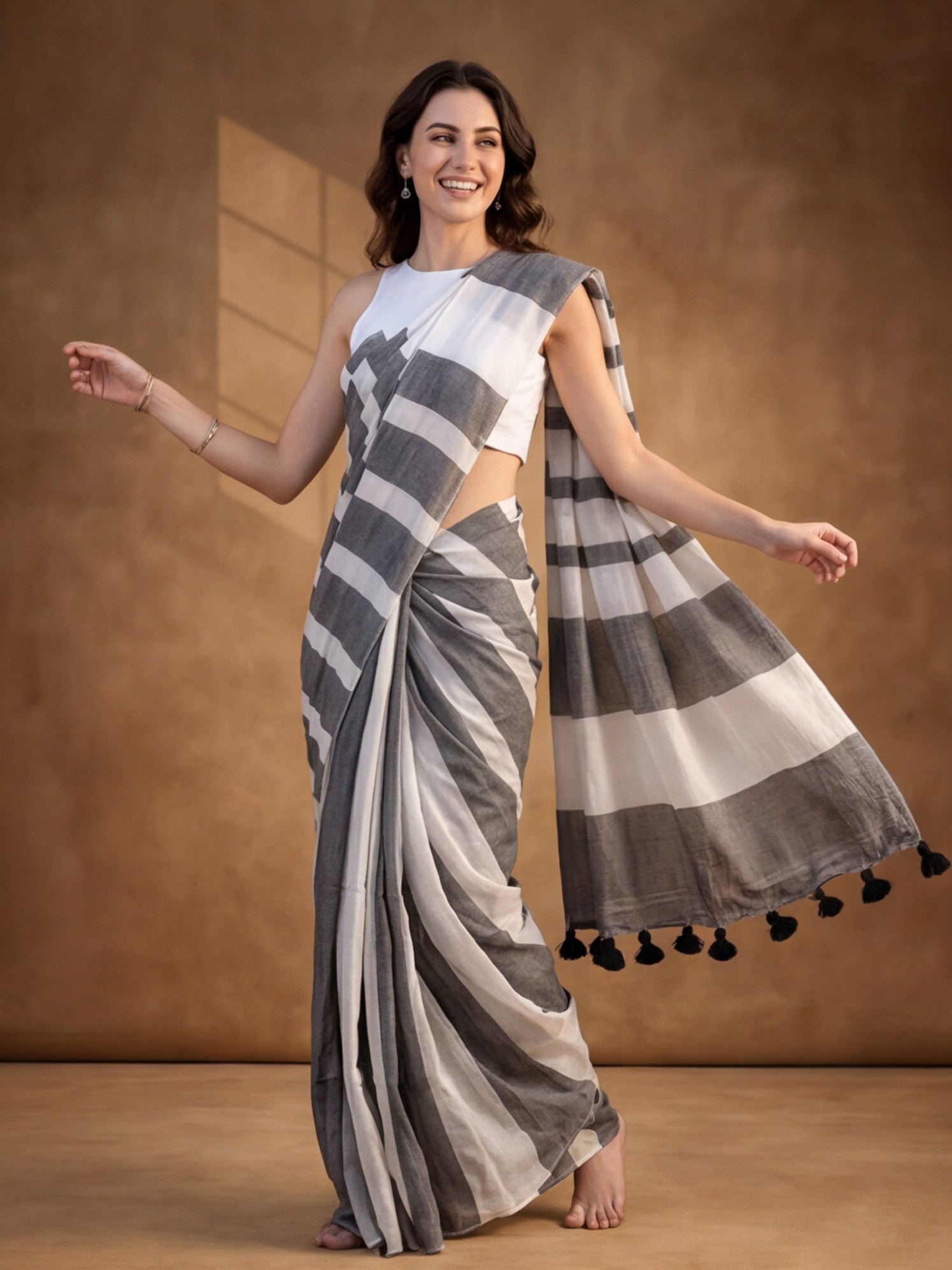 Striped Pure Linen Saree with Unstiched Blouse