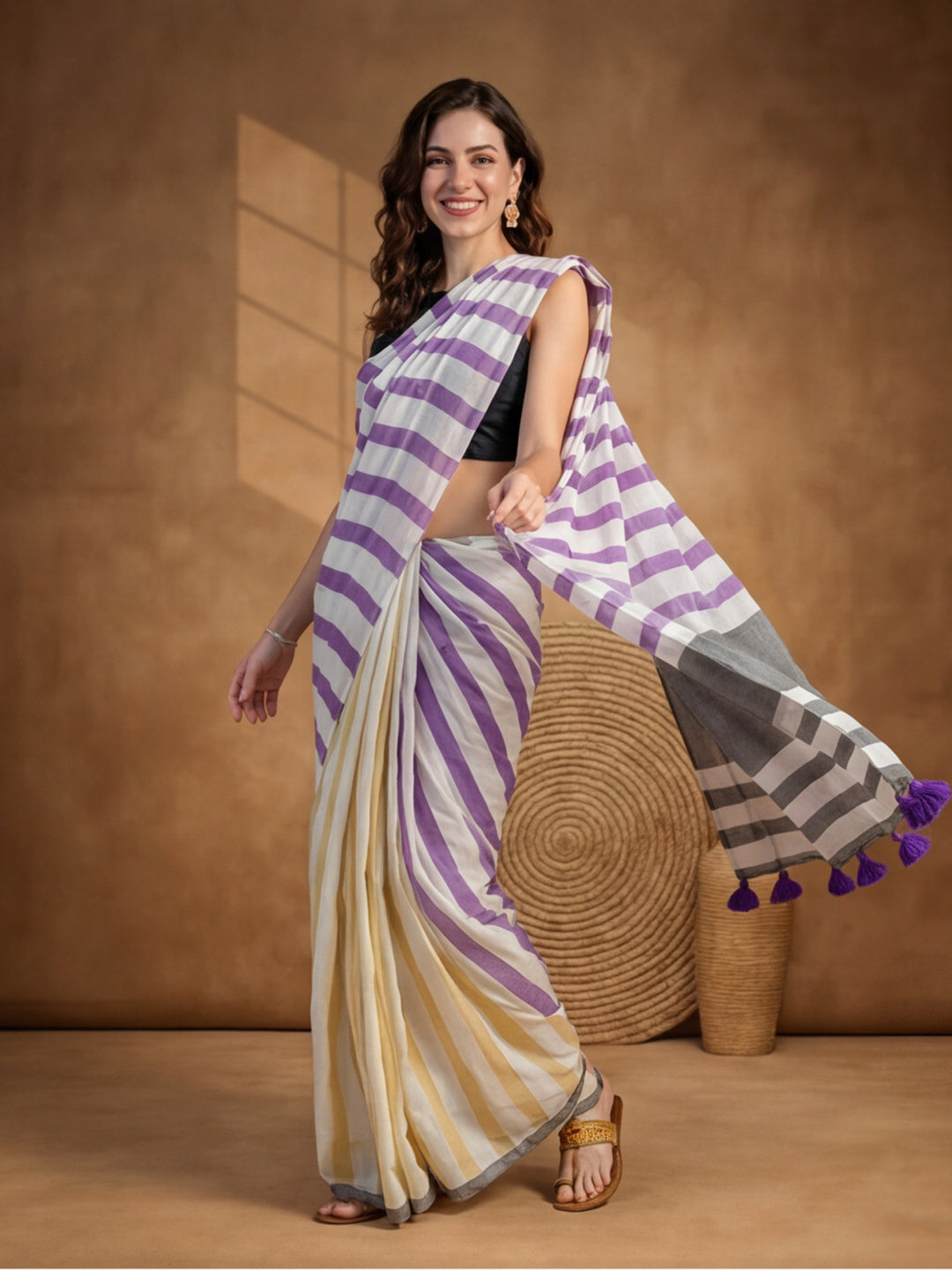 Striped Pure Linen Saree with Unstiched Blouse