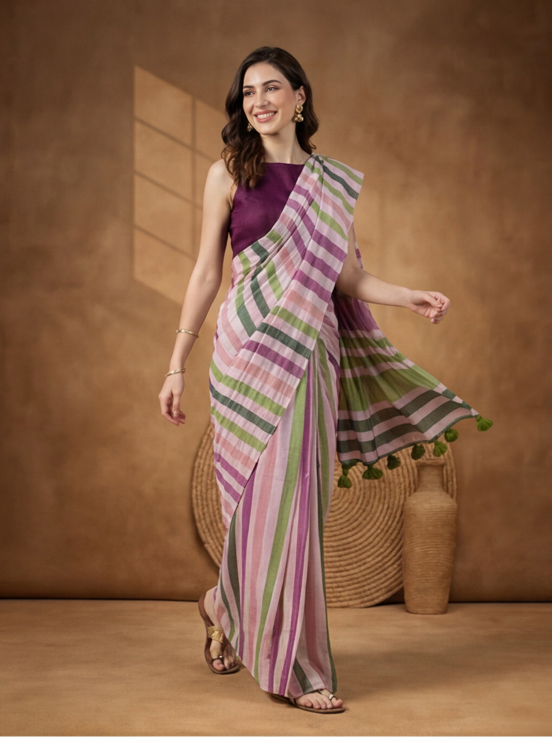 Striped Pure Linen Saree with Unstiched Blouse