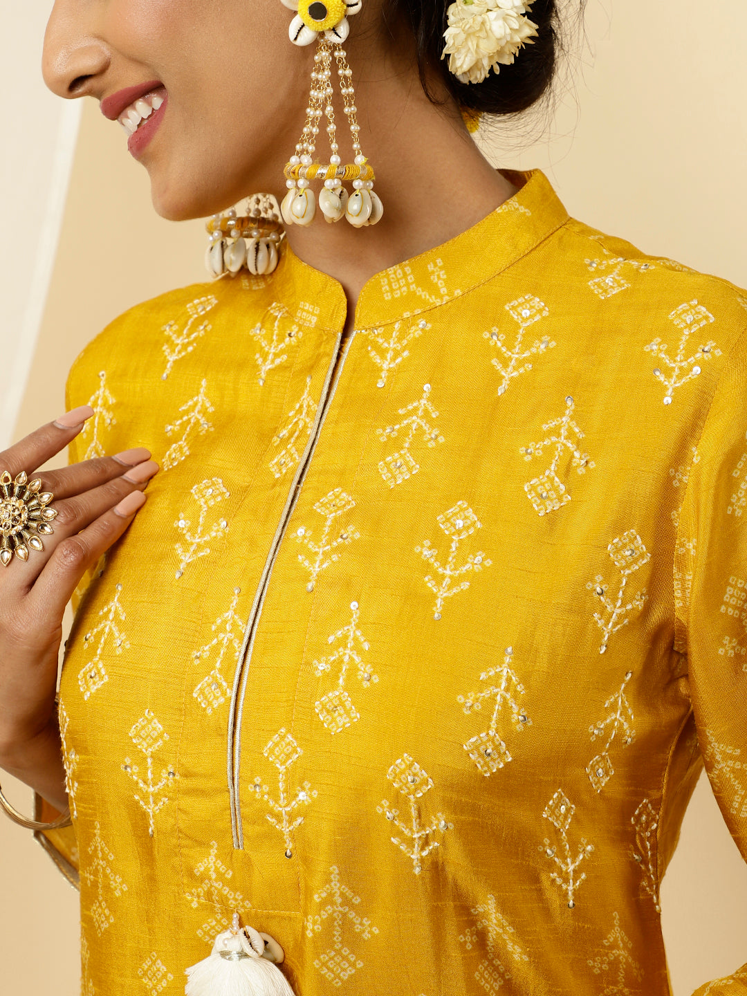 Bandhani Printed Dola Silk Mustard Co-ord Set