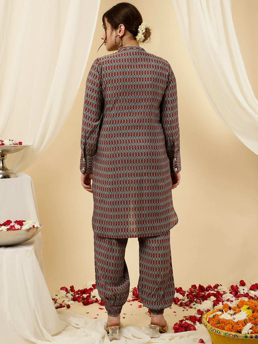 Maroon Mirror Work Short Kurta With Pants Co-ord Set