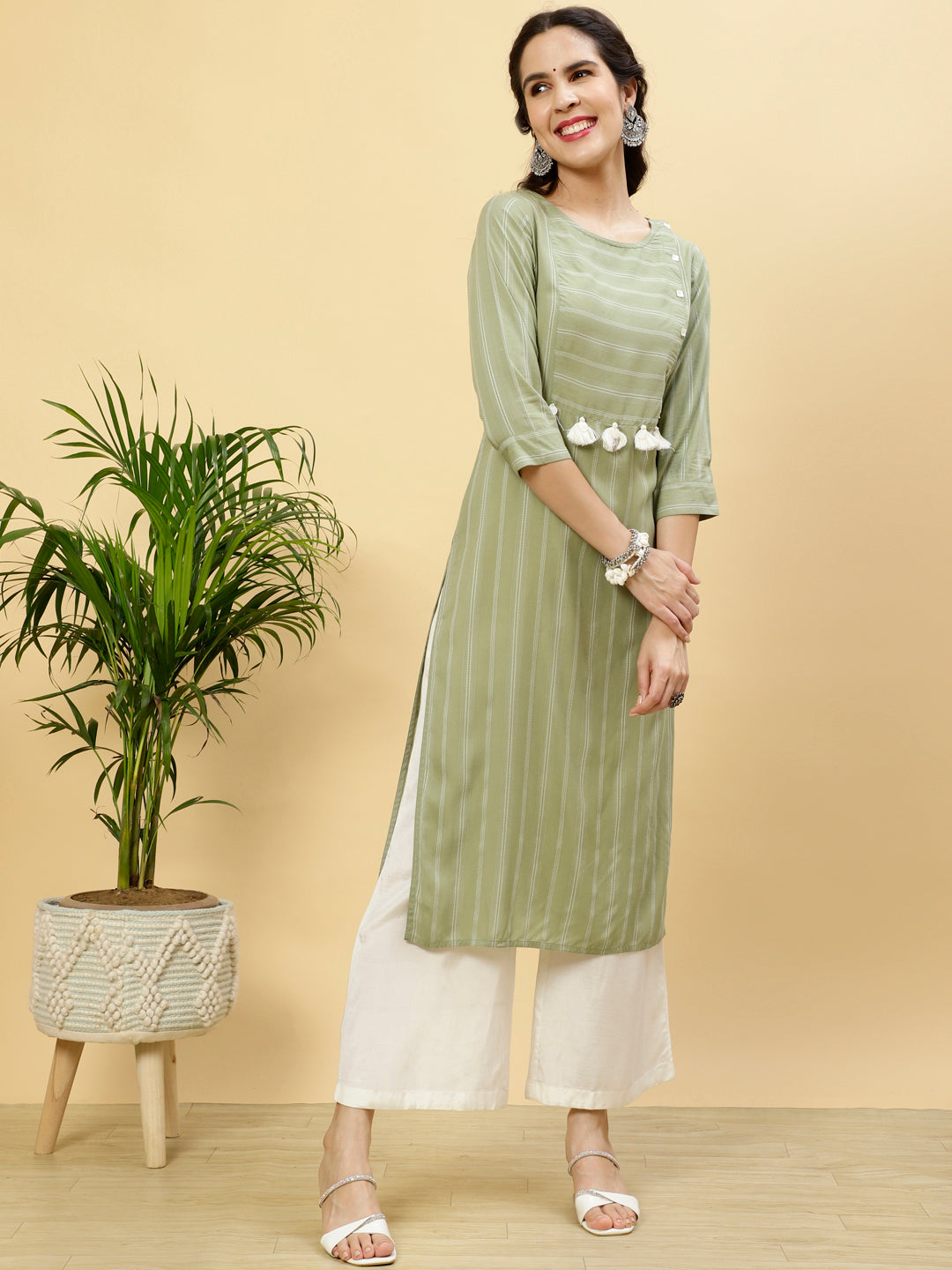 Green Self Stripe Straight Kurta