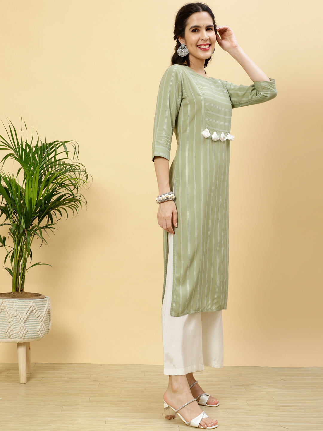 Green Self Stripe Straight Kurta