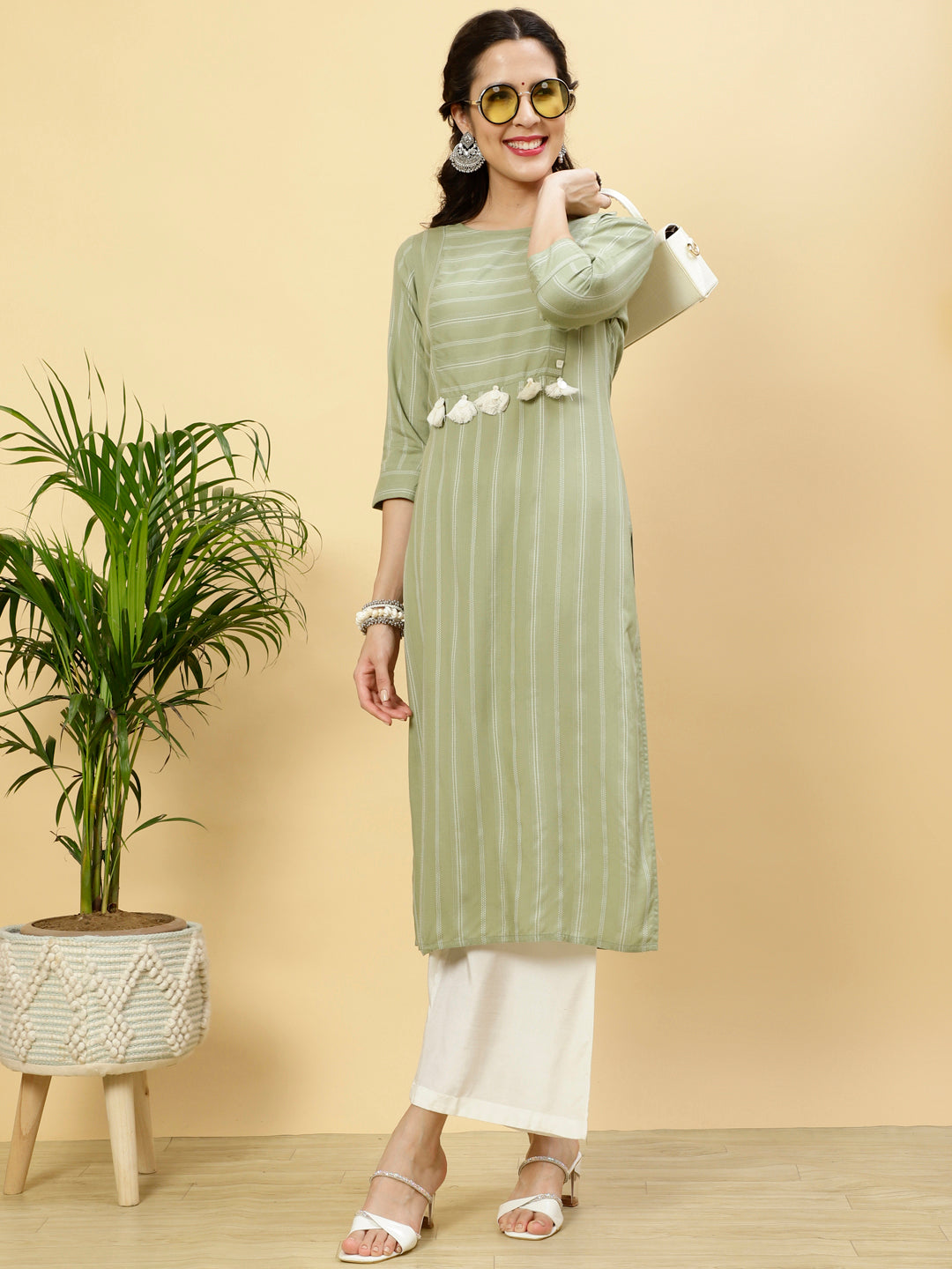 Green Self Stripe Straight Kurta