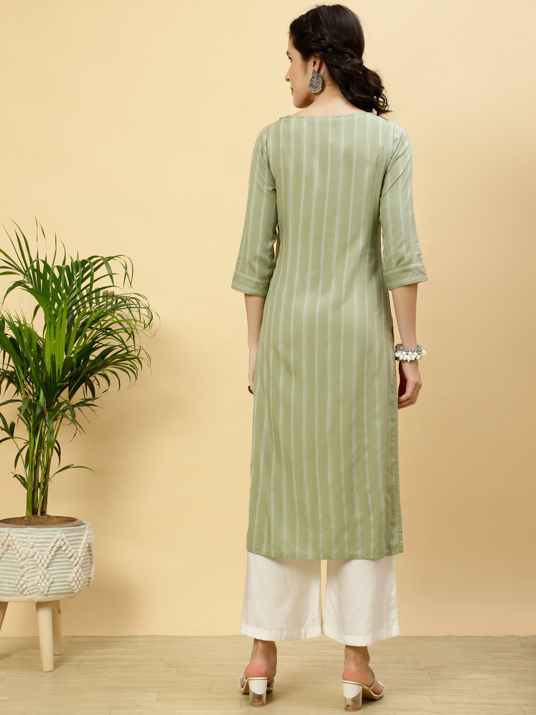 Green Self Stripe Straight Kurta