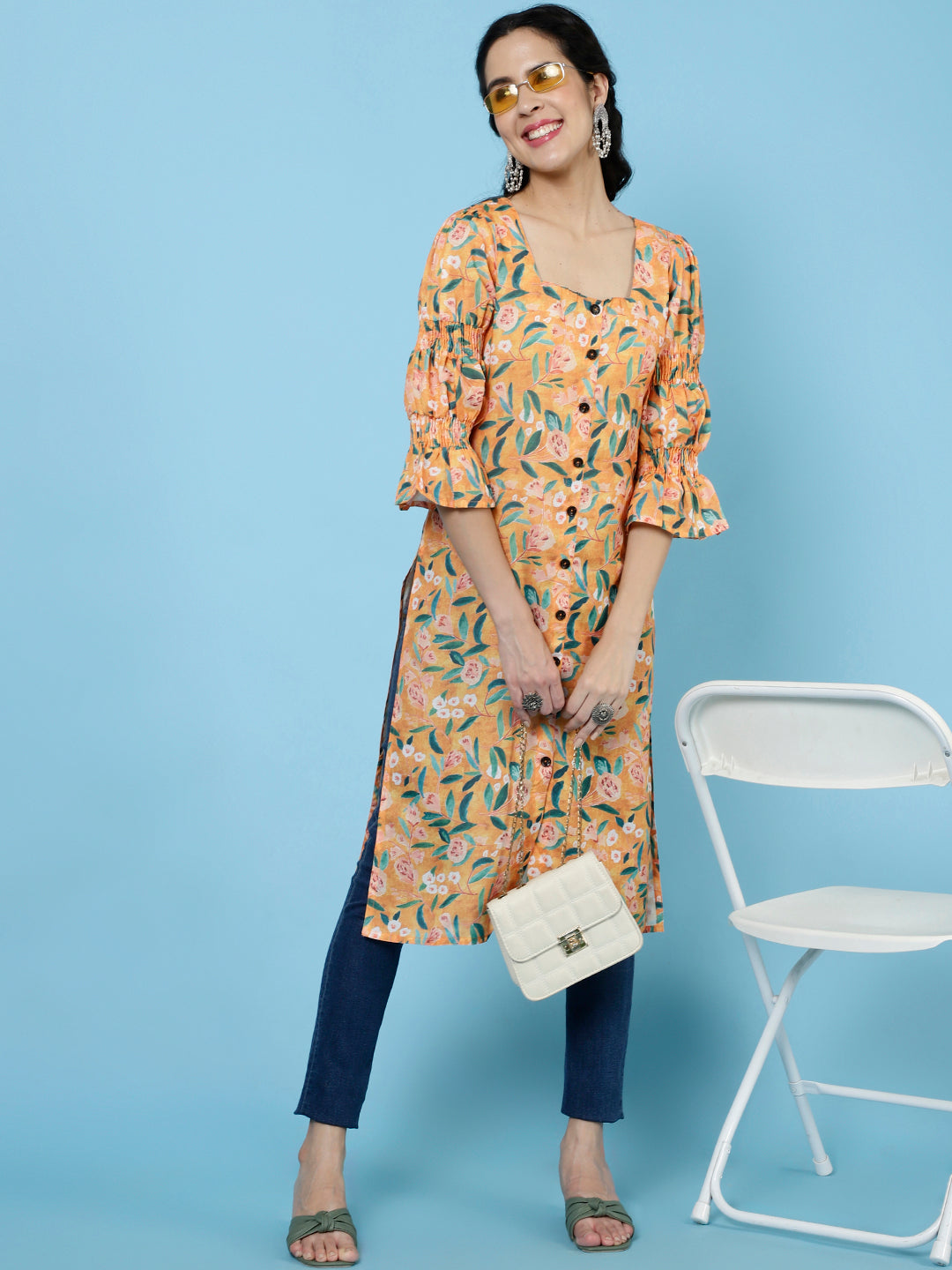 Yellow Floral Printed Rayon Straight Kurta