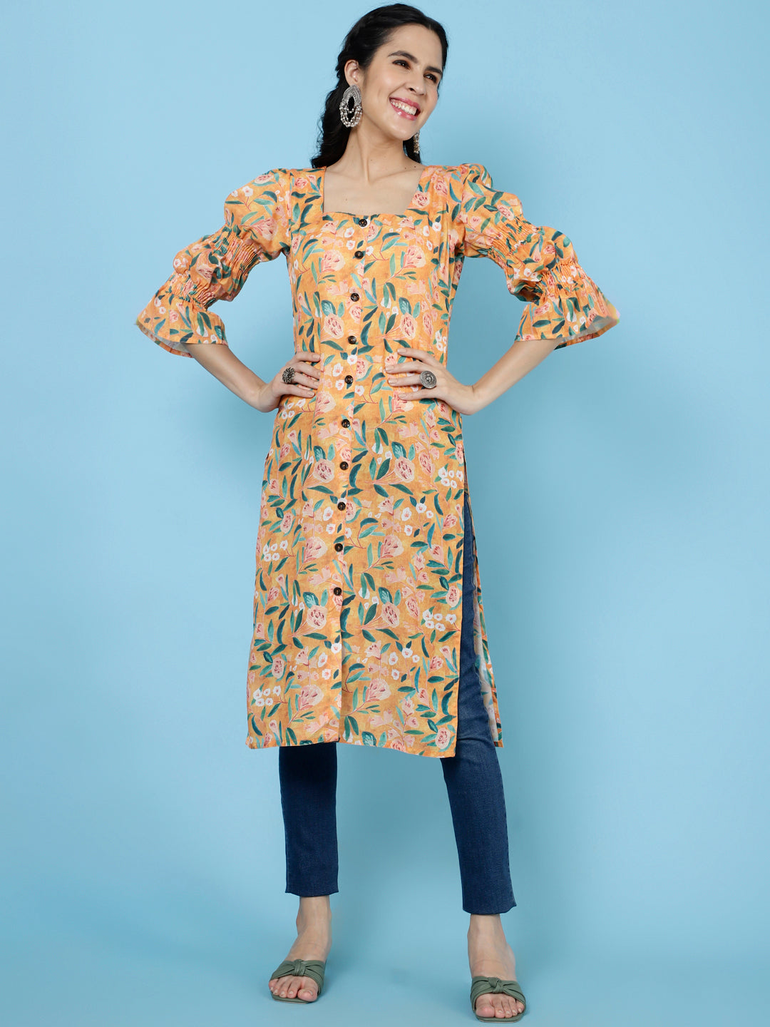 Yellow Floral Printed Rayon Straight Kurta