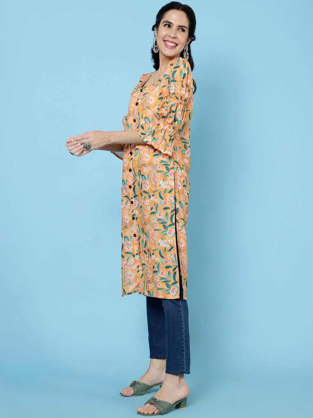 Yellow Floral Printed Rayon Straight Kurta