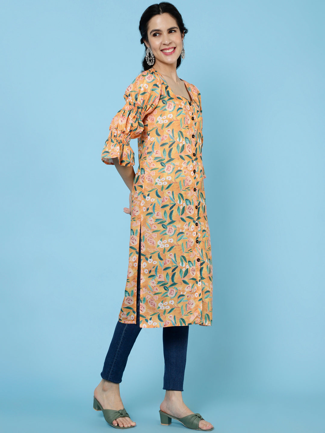 Yellow Floral Printed Rayon Straight Kurta