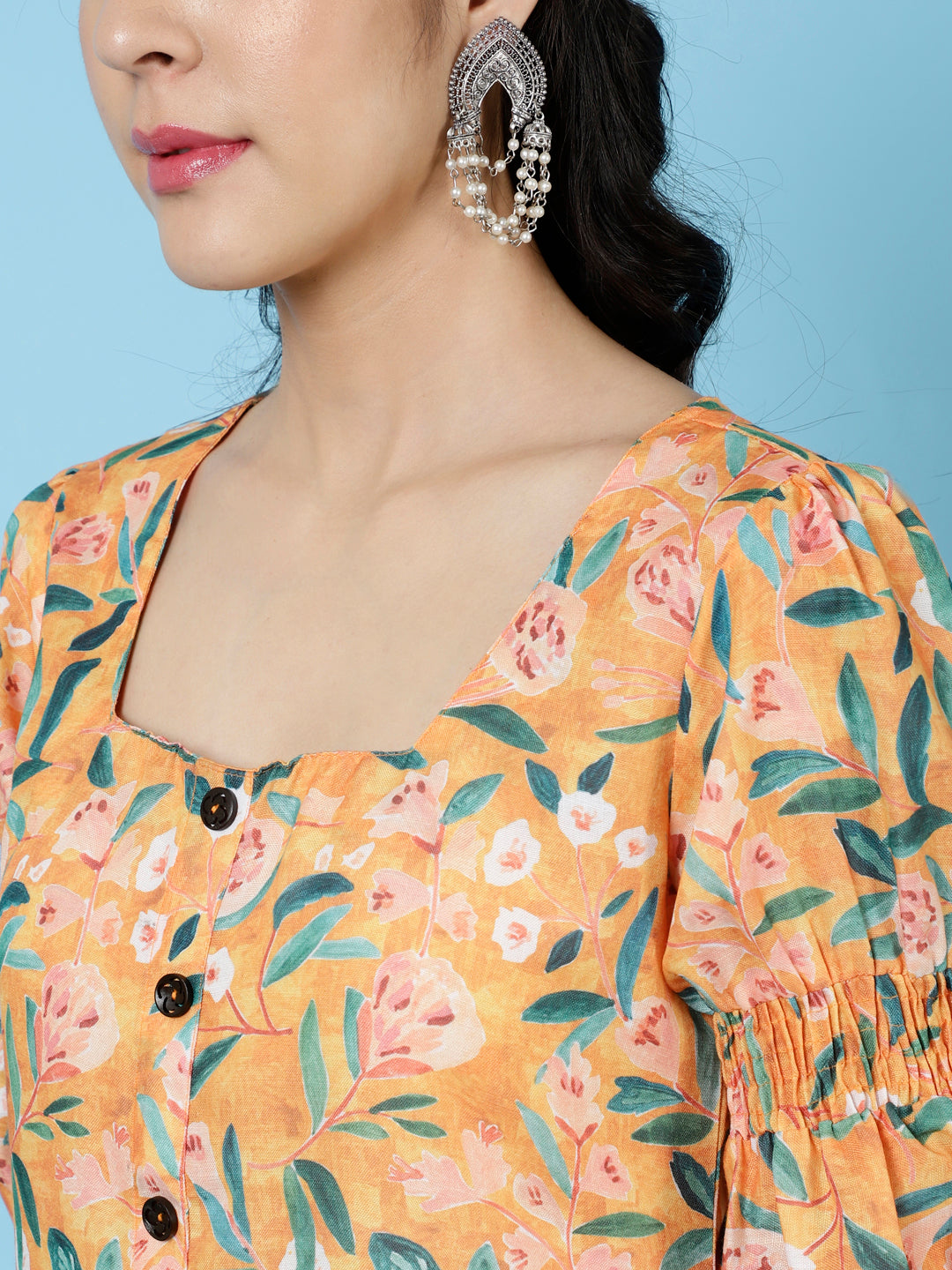 Yellow Floral Printed Rayon Straight Kurta