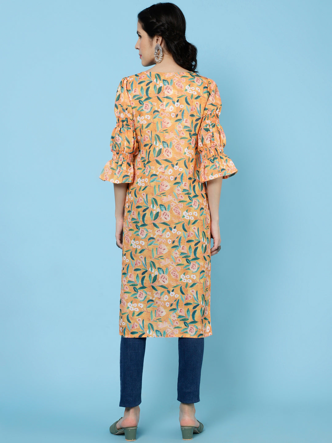 Yellow Floral Printed Rayon Straight Kurta