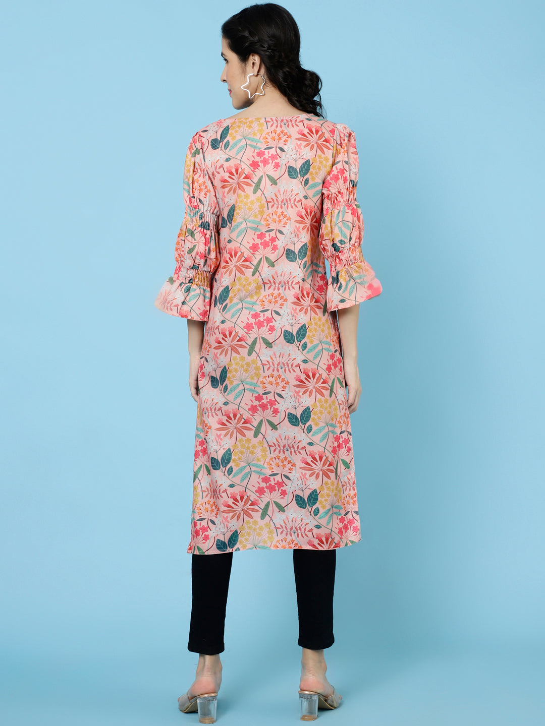 Peach Floral Printed Rayon Straight Kurta