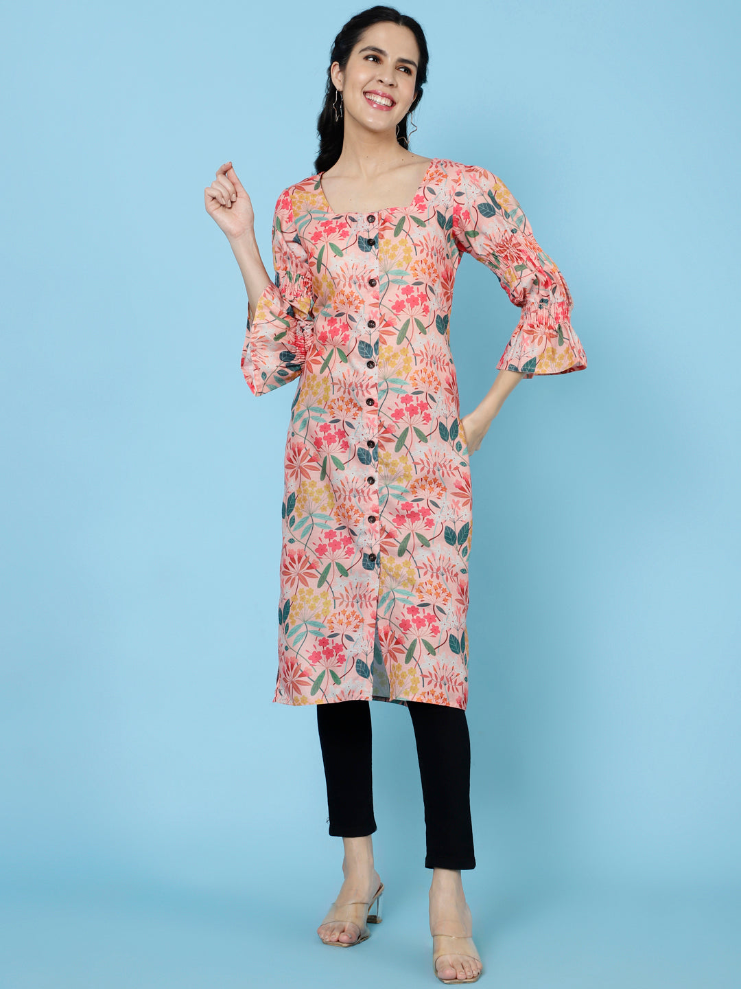 Peach Floral Printed Rayon Straight Kurta