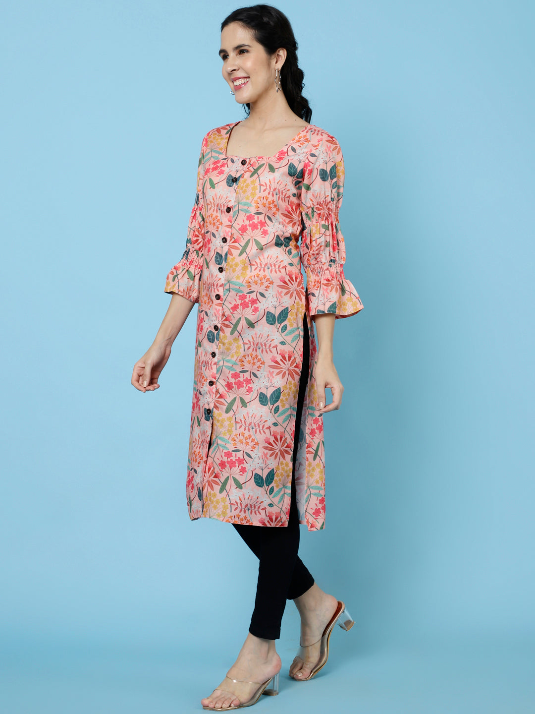 Peach Floral Printed Rayon Straight Kurta