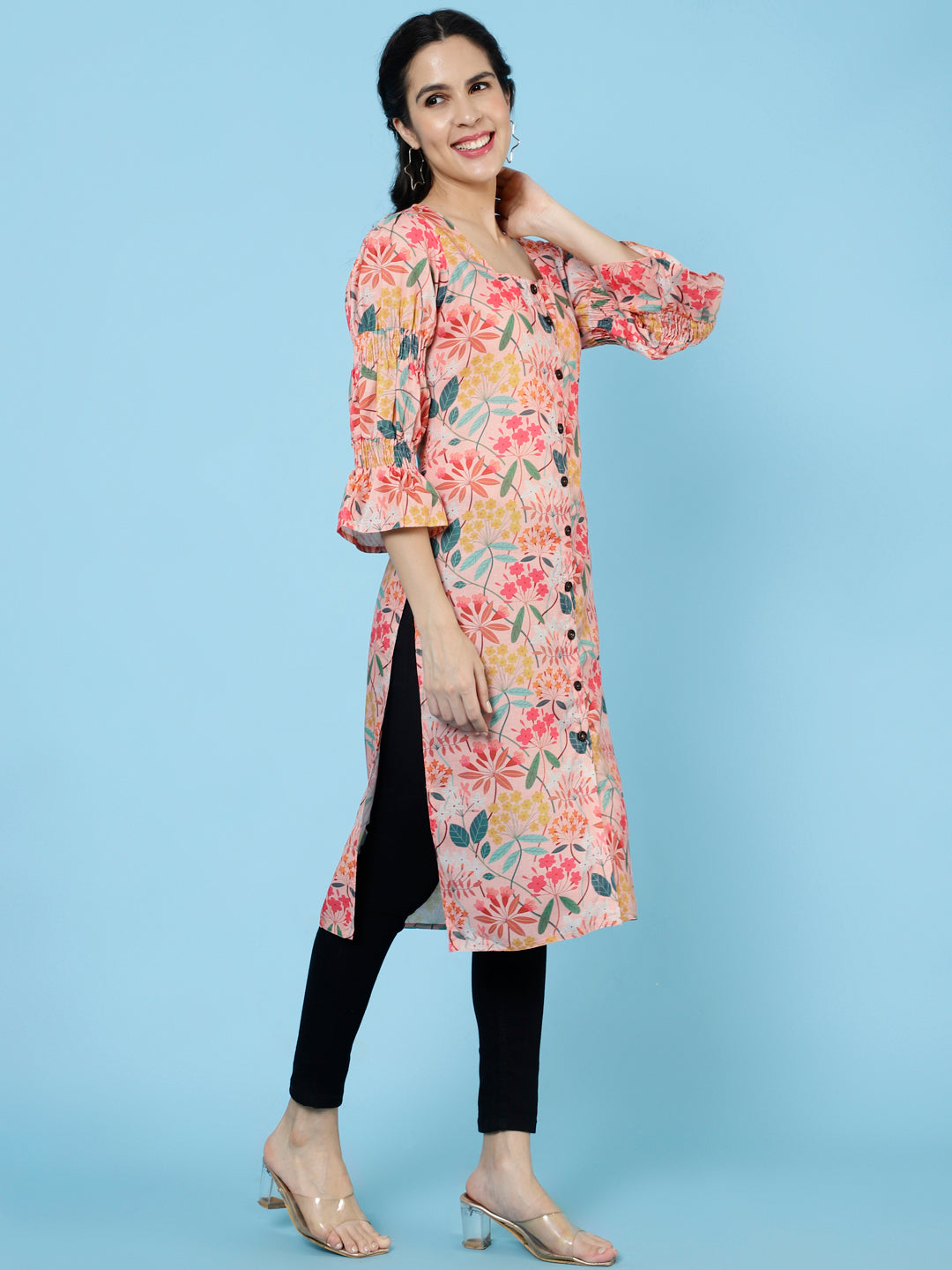 Peach Floral Printed Rayon Straight Kurta