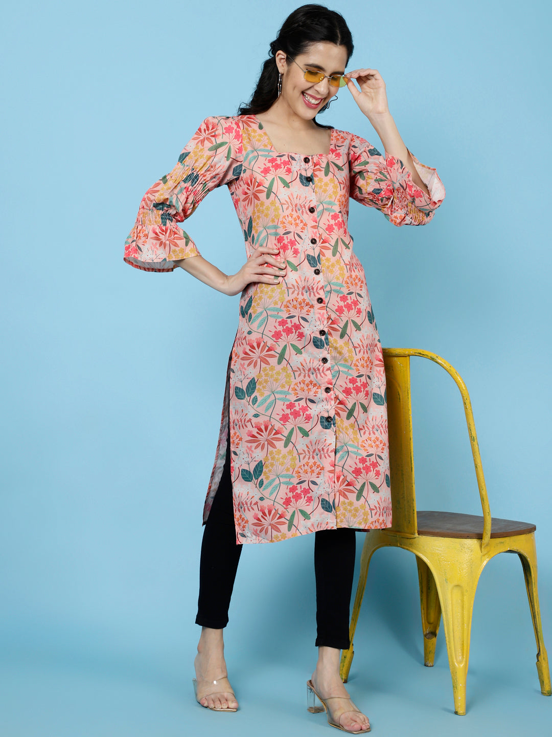 Peach Floral Printed Rayon Straight Kurta