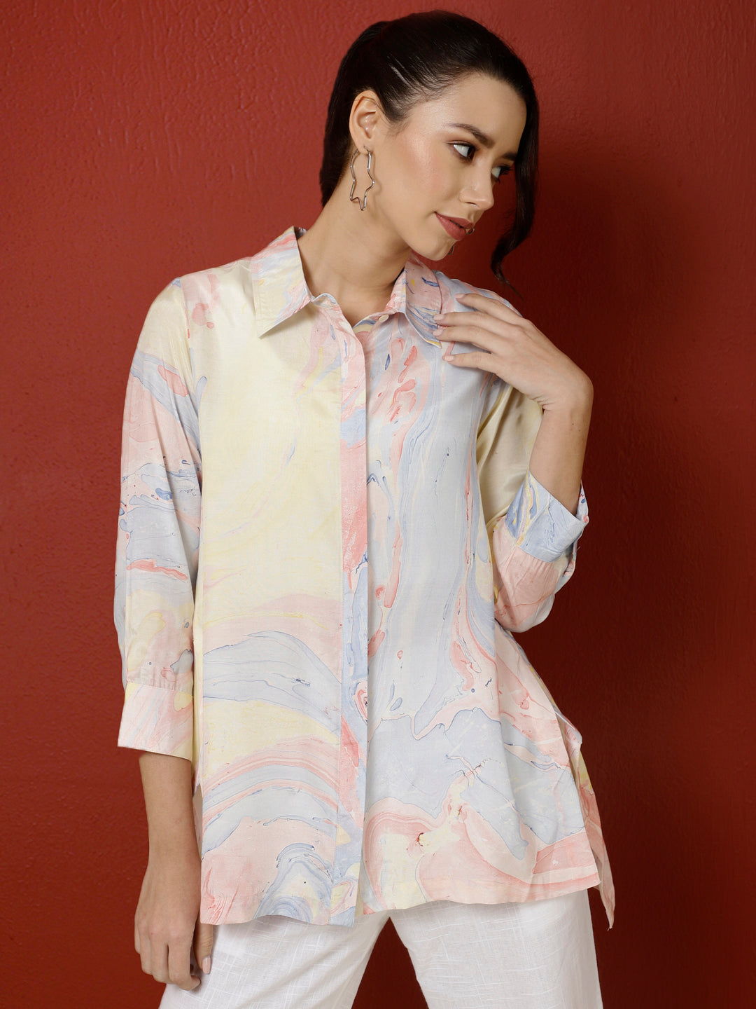 Blue Marble Print Asymmetric Shirt