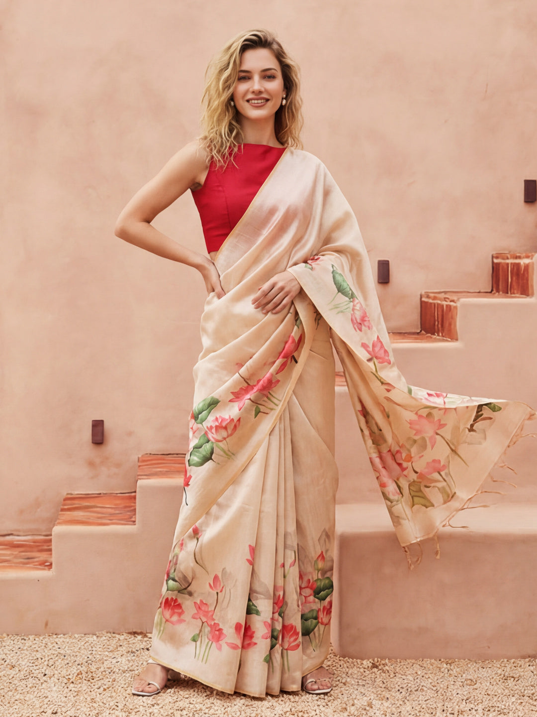 Floral Tussar Silk Saree with Unstiched Blouse