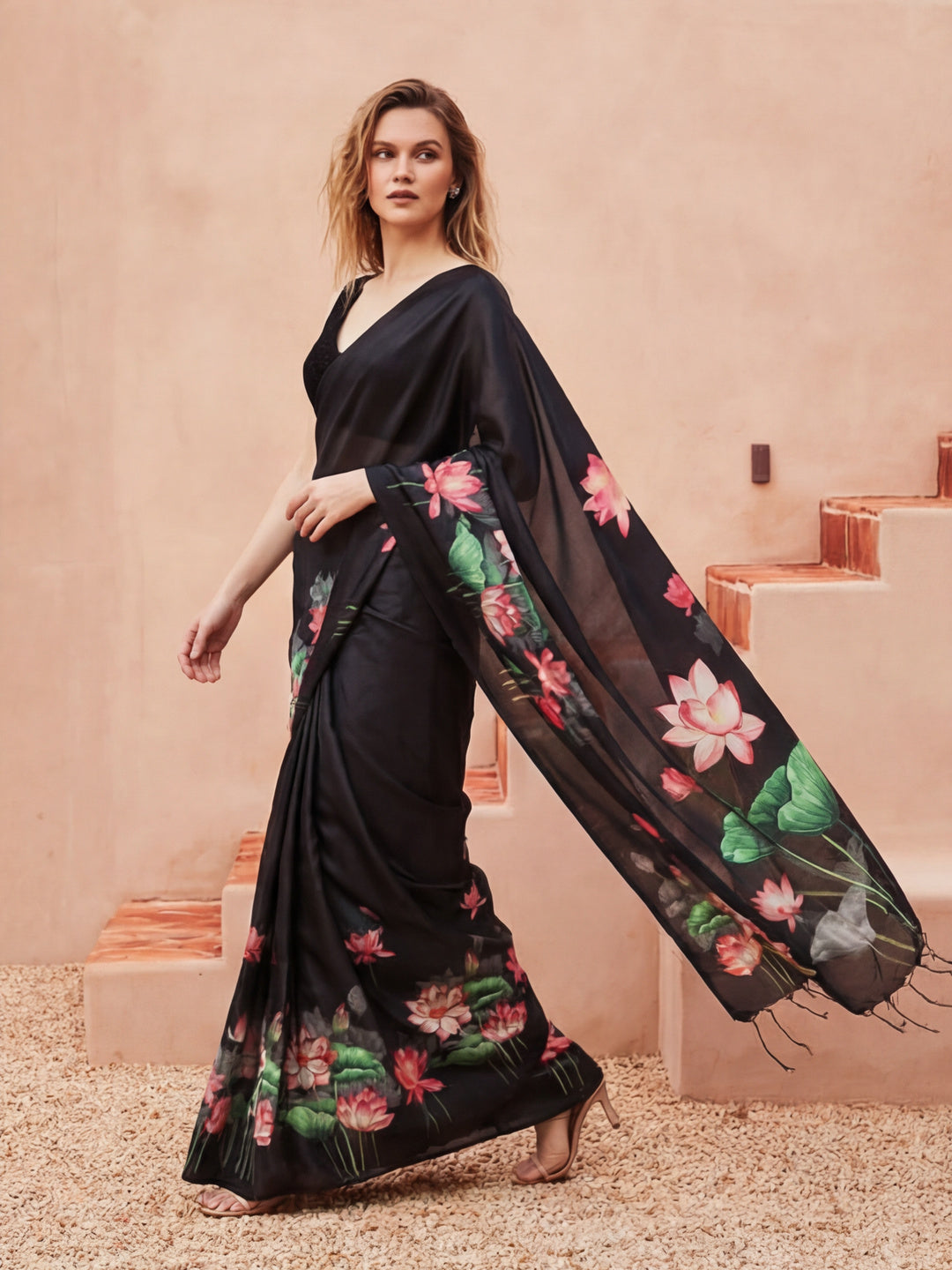 Floral Tussar Silk Saree with Unstiched Blouse