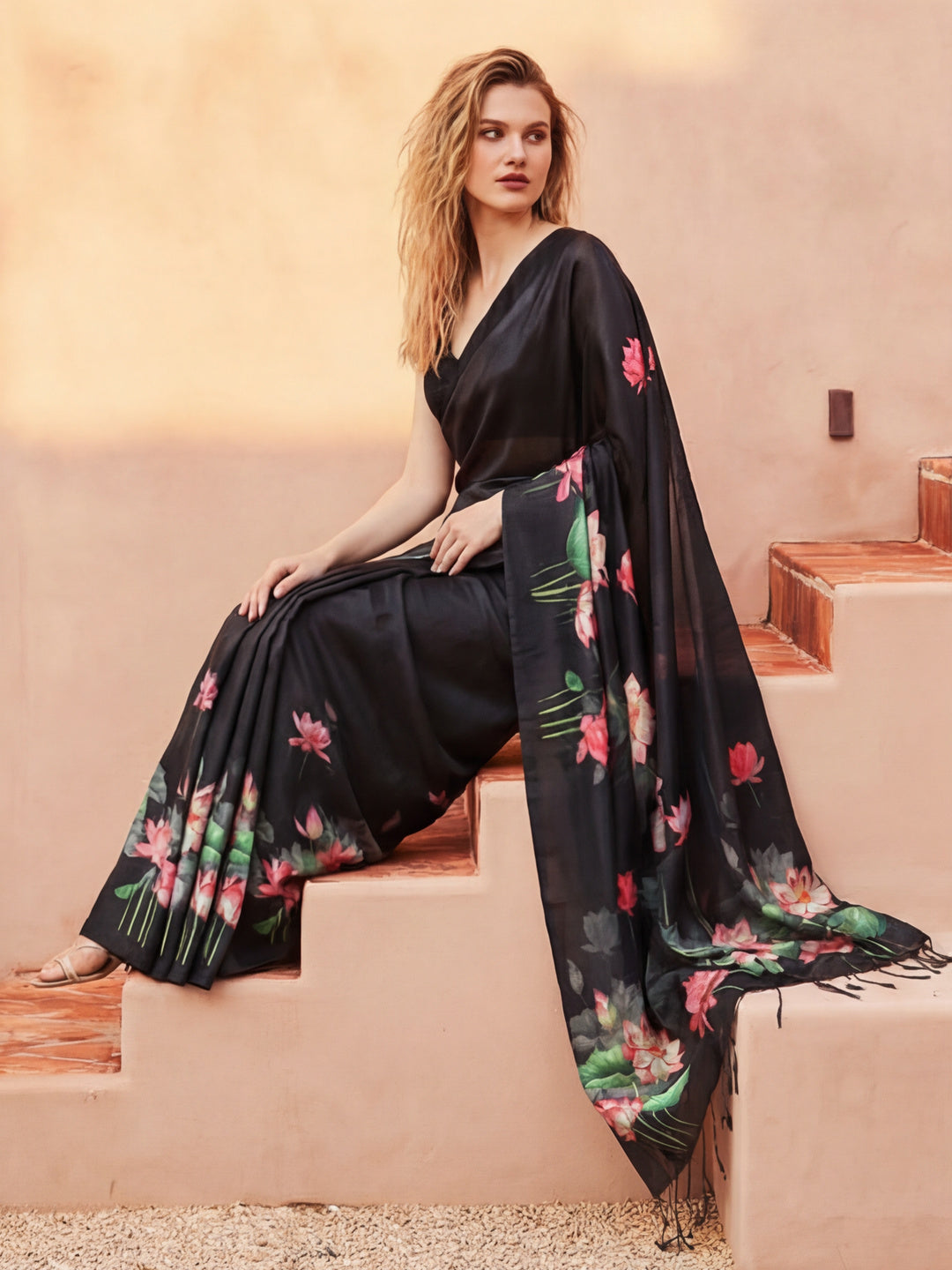 Floral Tussar Silk Saree with Unstiched Blouse